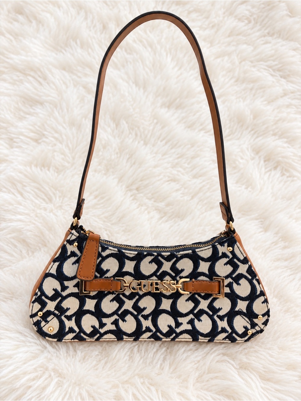 GUESS Navy & Cream Monogram Mini Shoulder Bag with Brown Trim